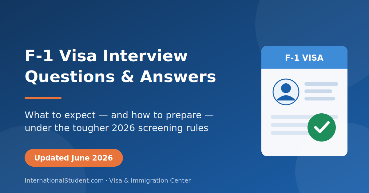 Hero graphic: F-1 Visa Interview Questions and Answers, updated June 2026, showing a stylized visa application card with an approval checkmark