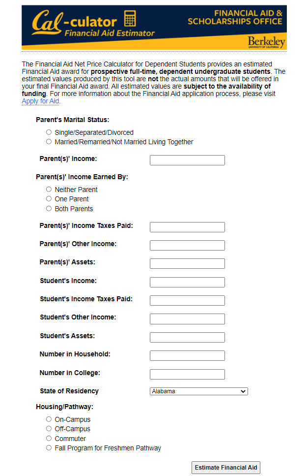 UC Berkeley Financial Aid Estimator Page